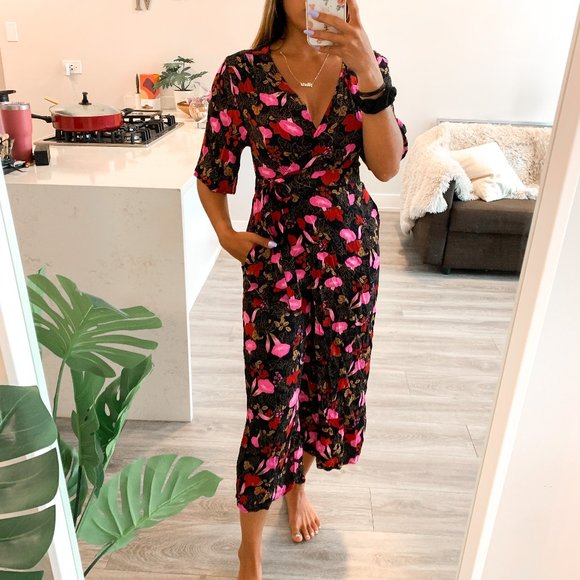 Zara Pants - Zara Black Pink Floral Wrap Kimono Jumpsuit